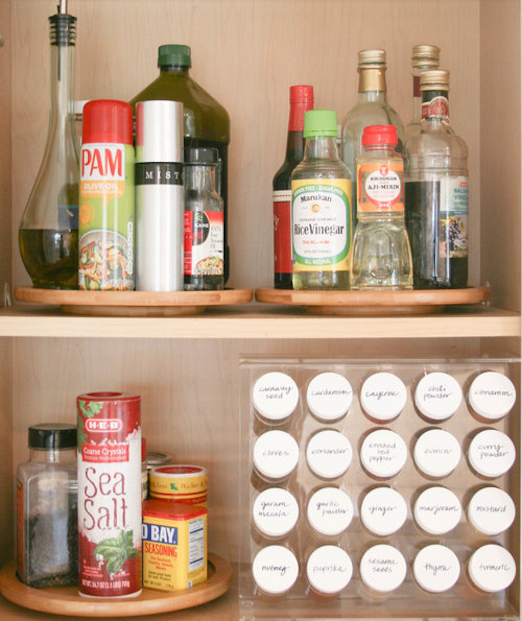 Organized pantry with spice rack. 