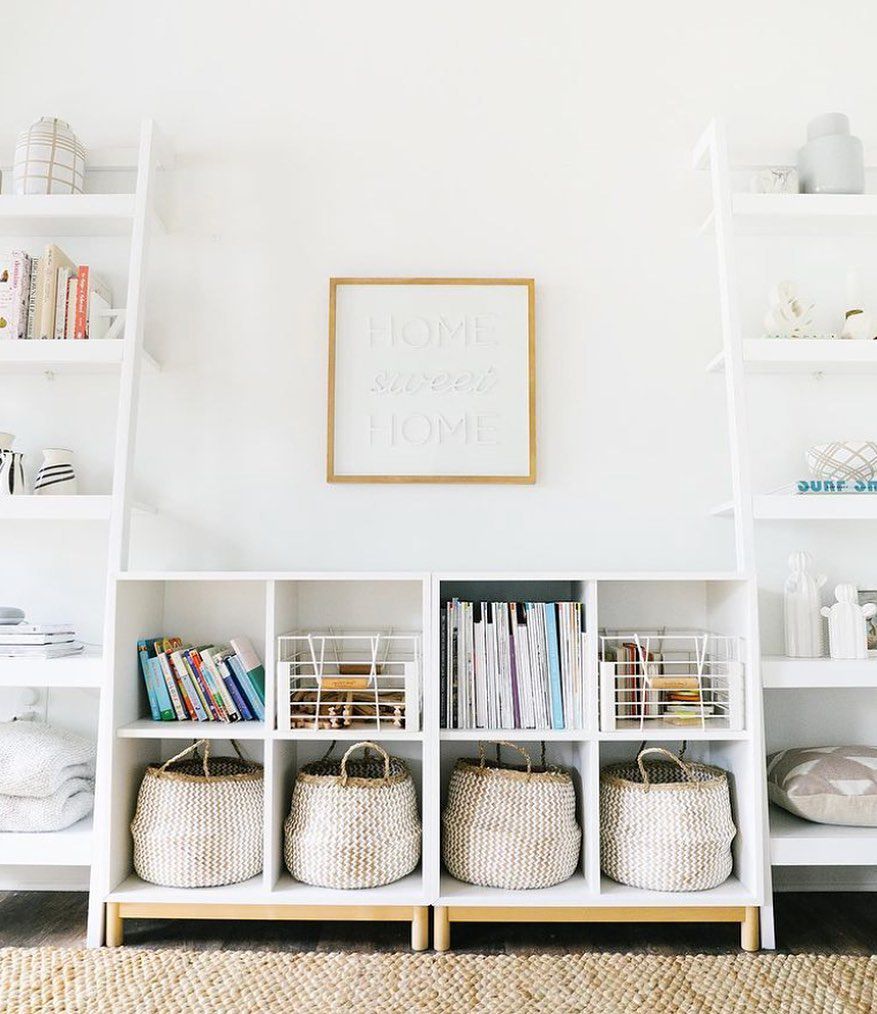 Baskets on low shelves